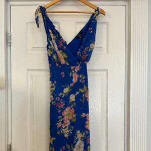 Lulu's Blue Floral Print Tie-Strap Wrap Midi Dress